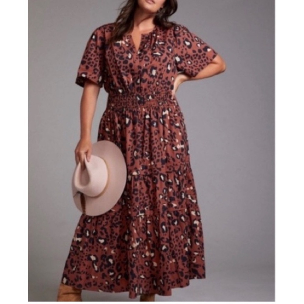 Maeve Somerset Leopard Maxi Boho Tiered Skirt | Short Sleeve | Flowy Midi Maxi